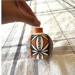 New Mexico native indigenous hand painted pottery ornament signed Caroline